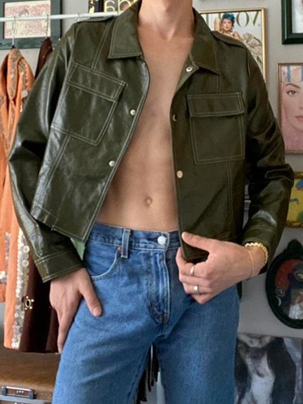 Staple vintage olive green faux leather jacket
